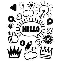 Collection of hand-drawn black and white doodle elements including hearts, stars, thumbs up, arrows, labels, and speech bubbles