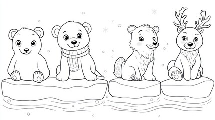 Cute cartoon polar bears and reindeer on ice floes.  Possible coloring page