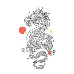 Fototapeta premium Intricate black and white dragon design with subtle red and yellow circles.
