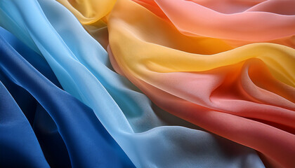 Fototapeta premium A Gradient Of Flowing Sheer Fabrics In Blue Yellow And Coral Hues