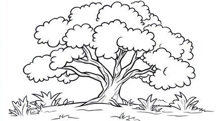 Simple black and white drawing of a tree in a field.  Possible use coloring book, educational material