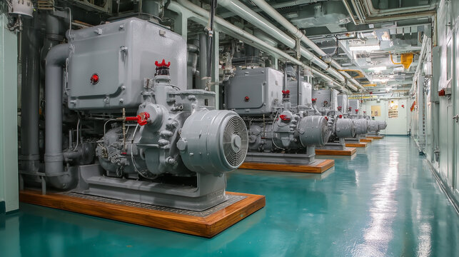 A row of large industrial machines are lined up in a factory