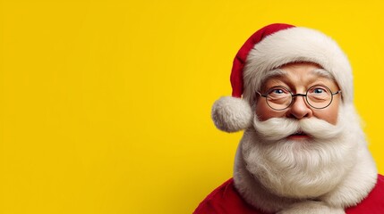 Cartoon Santa Claus carrying Christmas tree on yellow background
