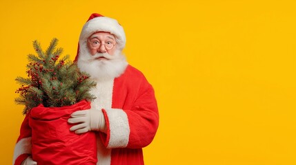 Santa Claus holding Christmas tree in red bag on yellow background