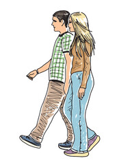 Couple casual modern young citizens striding outdoors together on summer day, sketch, realistic hand drawn vector illustration