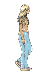 One young modern blonde teen girl in jeans walking outdoors, side view, realistic sketch, vector hand drawn illustration