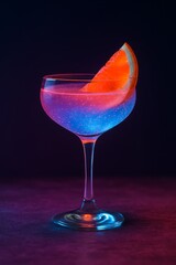 Neon cocktail drink glowing in dark with orange slice