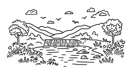 Simple line art landscape with waterfall