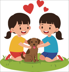 vector illustration of children playing and loving with dog