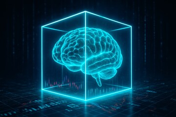 Futuristic holographic brain inside digital cube concept