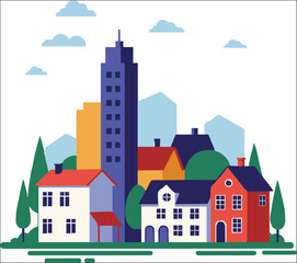Illustration of city with colored houses and place for text with white background.