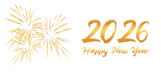 Happy New Year 2026 greeting card Gold text Celebration background - Golden Firework and sparklers on with bokeh lights