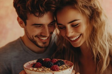 A happy couple shares a healthy smoothie bowl topped with fresh berries and granola, enjoying a joyful moment together.