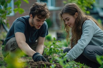 A young man and woman gently plant a small green seedling into rich soil, collaborating outdoors in their peaceful garden.