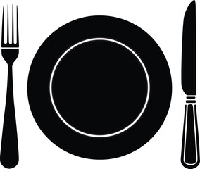 Simple black silhouette of a dinner plate with fork and knife on a white background