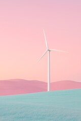 Obraz premium Wind turbine on pastel landscape symbolizing renewable energy and sustainability