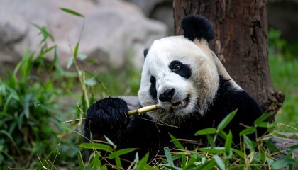 Naklejka premium Panda eating bamboo in zoo