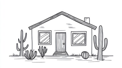 Hand drawn sketch of a desert house with cacti