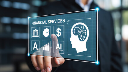 Futuristic digital interface for financial services powered by artificial intelligence, displaying data and banking solutions