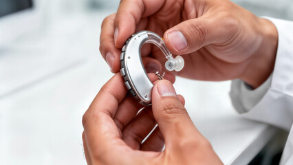 Fototapeta premium Timely maintenance and testing of medical devices for improving hearing, hands of a specialist inspecting a hearing aid during repair and diagnostics