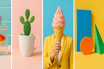 Colorful surreal collage with cactus, ice cream, and geometric shapes