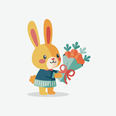 Cute Cartoon Rabbit Holding a Bouquet of Carrots.