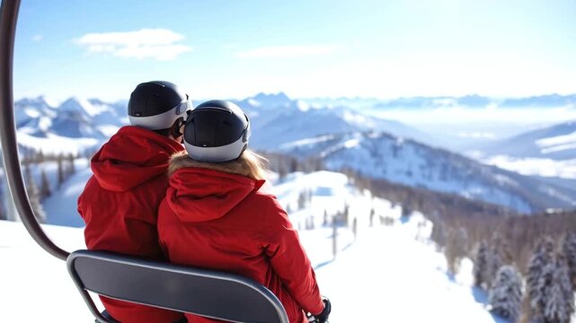 A happy couple rides a cable car funicular. Man and woman sitting on the lift at a winter ski resort on mountains, cableway