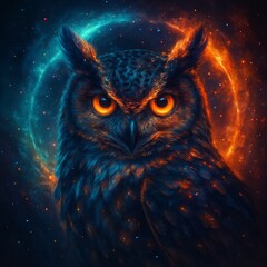 Fantasy owl glowing in cosmic space with orange and blue light ring