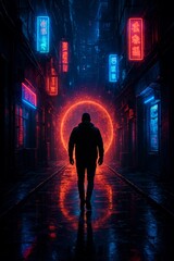 Lone man walking through neon alley toward glowing red portal at night