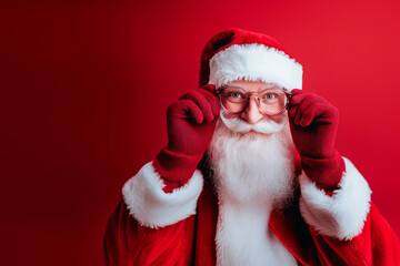 Santa Claus Close Up with Snow Dusted Beard Against Red Backdrop