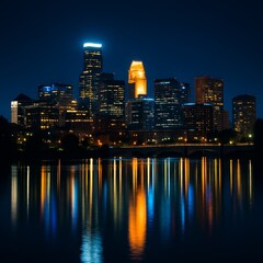 Modern city skyline at night with colorful reflections in water