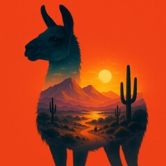 Double exposure of llama with desert mountain landscape at sunset