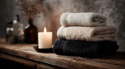 A stack of three folded towels sits beside a lit candle on a rustic wooden shelf evoking a serene spa ambiance