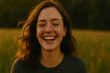 Happy woman laughing outdoors in field during golden hour sunlight