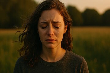 Woman crying in golden sunset field expressing sadness and emotion