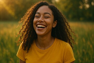Happy young woman smiling outdoors in golden sunlight field