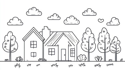 Cozy illustration of a house, clouds, trees, and nature, suitable for design, web content and illustrations