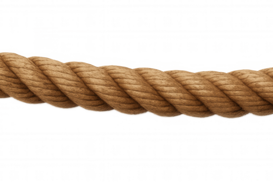 Thick brown rope stretching horizontally, providing strength, security, and connection, on transparent background