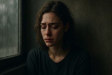 Emotional woman sitting near window looking sad and reflective