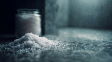 A pile of coarse salt crystals in front of a glass jar on a dark textured surface with atmospheric lighting