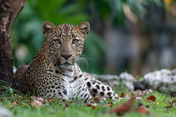Fototapeta premium Leopard resting under the shade on green grass in tropical forest captured with detailed focus on its eyes and fur pattern