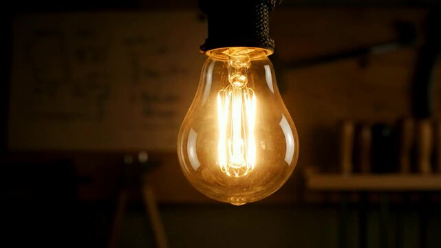 A vintage-style Edison light bulb with a beautiful filament slowly turns on filling a dark rustic room with a warm golden glow