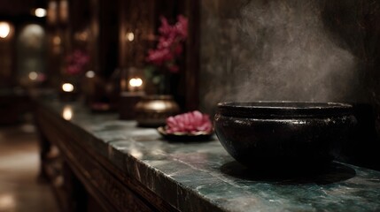 Tranquil exotic spa interior with a steaming bowl pink floral decor and warm soft lighting