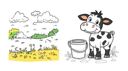Cartoon calf smiles beside a bucket on a sunny meadow background