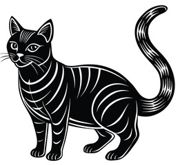 Fototapeta premium Mysterious Black Cat A Sleek Feline Silhouette with Elegant White Lines and Curled Tail Illustration