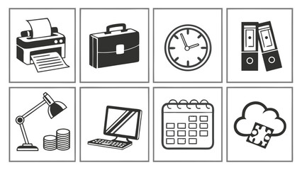 A black vector set of business and office icons like a phone, camera, computer, and money for web design and internet media illustration