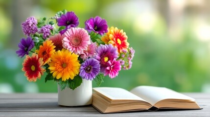 Vase of flowers sits on a table next to an open book. The flowers are a mix of colors, including purple, pink, and yellow, and they are arranged in a way that creates a sense of balance and harmony