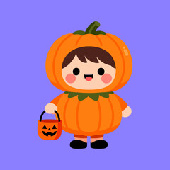 Cute child in pumpkin costume holding a Halloween candy basket.