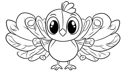 Cute cartoon peacock chick, coloring book page, kid's illustration, educational material, printable art