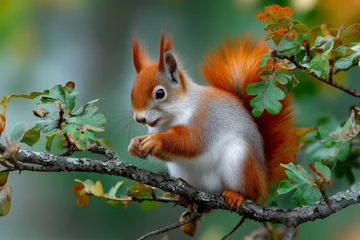 Poster de jardin Écureuil Red Squirrel Sits On Branch Eating Nut in Forest With Green Foliage And Natural Light  © Kubista